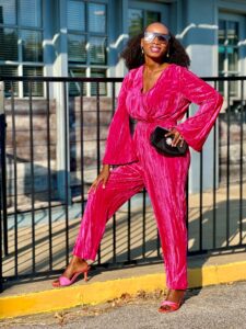 Velvet jumpsuit in hot pink