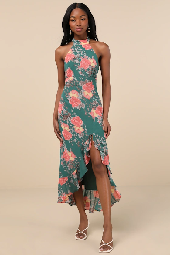 2. Elegant Entrance Teal Green Floral Print Halter Maxi Dress