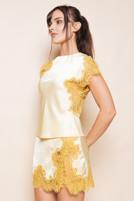 Satin lace trim mini skirt set for women
